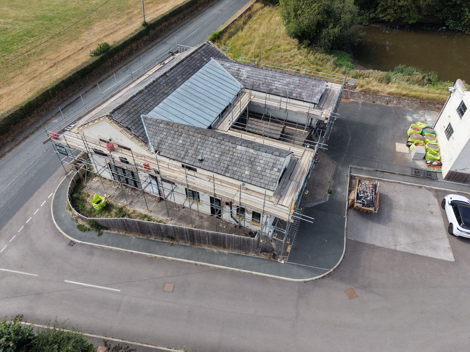 Elevated view of scaffold platforms around Kingsley Mill and inside the courtyard