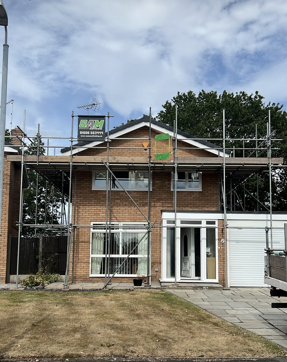 Scaffolding across a house gable for re-roofing in Barnton