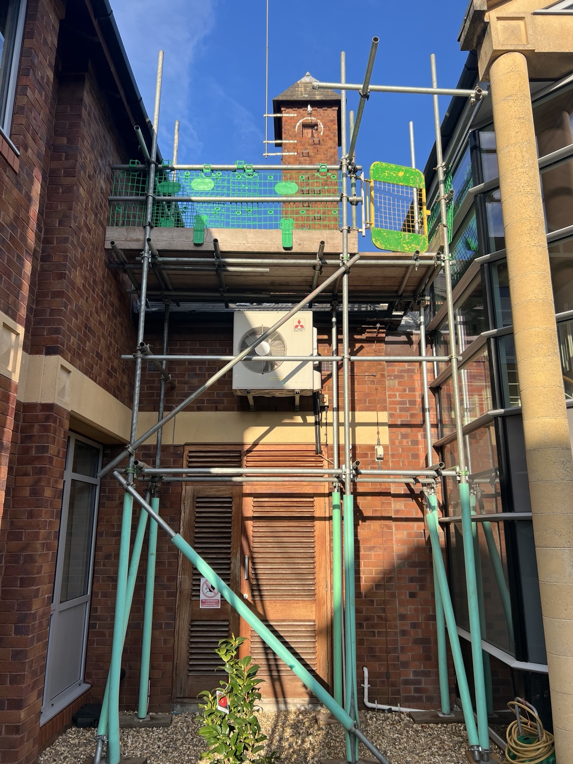 Scaffolding for valley repairs at Grange High School in Hartford