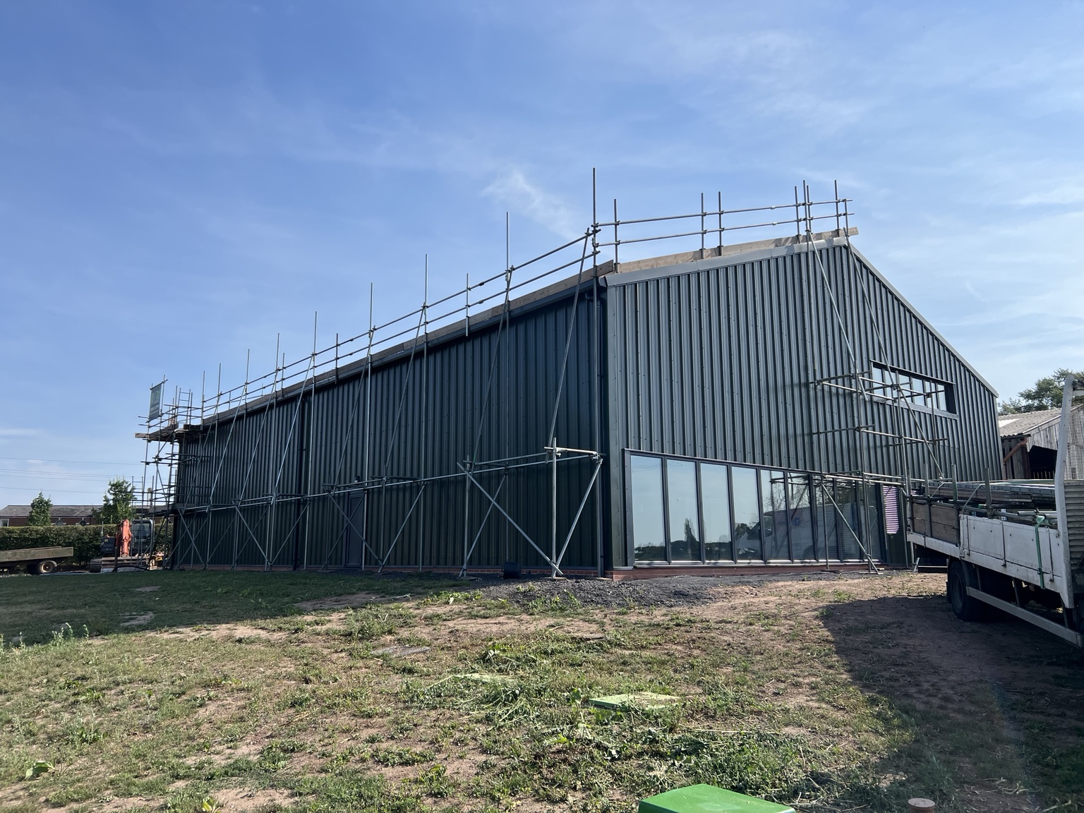Finished scaffold around the swim barn in Higher Whitley for solar installation